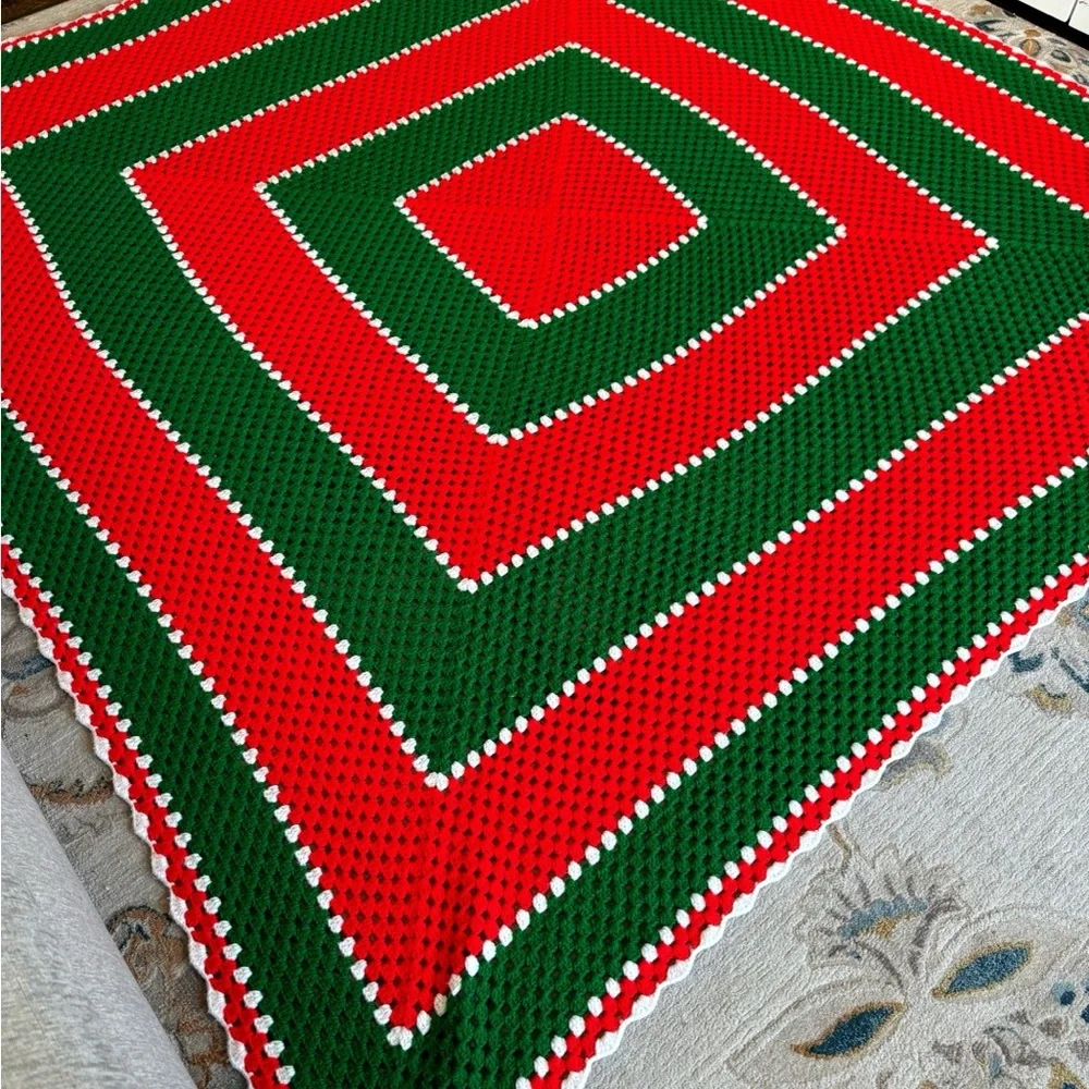 Handmade crochet green and red throw afghan blanket 88” x 88”